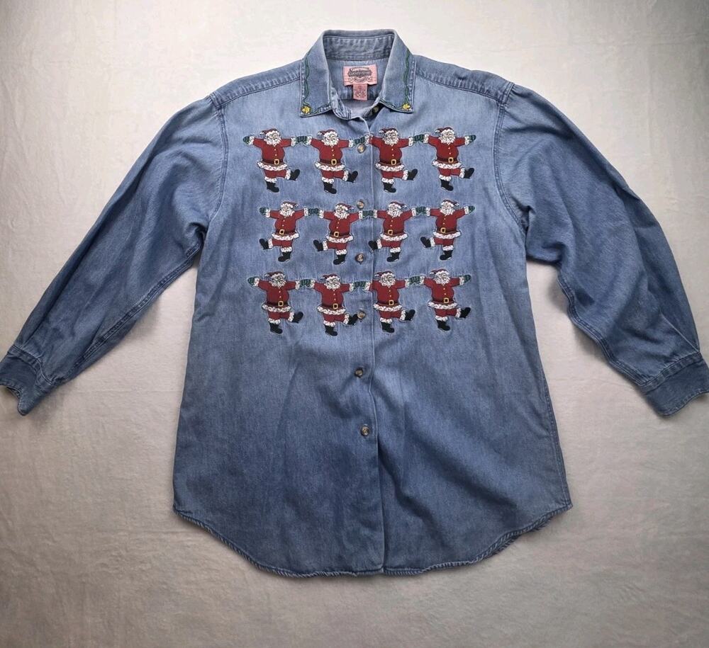 VTG Womens Denim Shirt Small Embroidered Santa Grandmacore Cambridge 90s